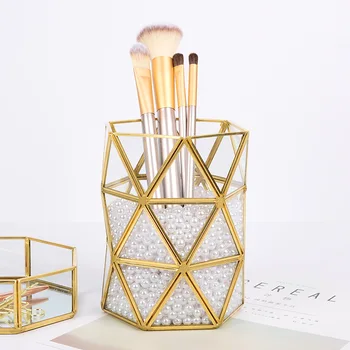 

Glass Storage Tube Nordic Ins Golden Makeup Brush Makeup Brush Storage Barrel Brass Simple Flower Vase home decoration accessori