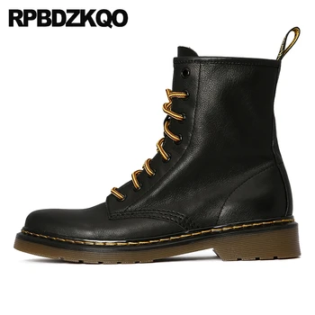 

military black front lace up casual ankle boots autumn short real leather flat block shoes women 2019 high quality combat patent