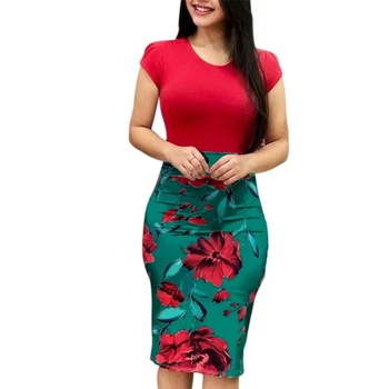 

Spring Autumn Women Retro O-Neck Pencil Dress Large Size Long-Sleeved Floral Print Midi Dress