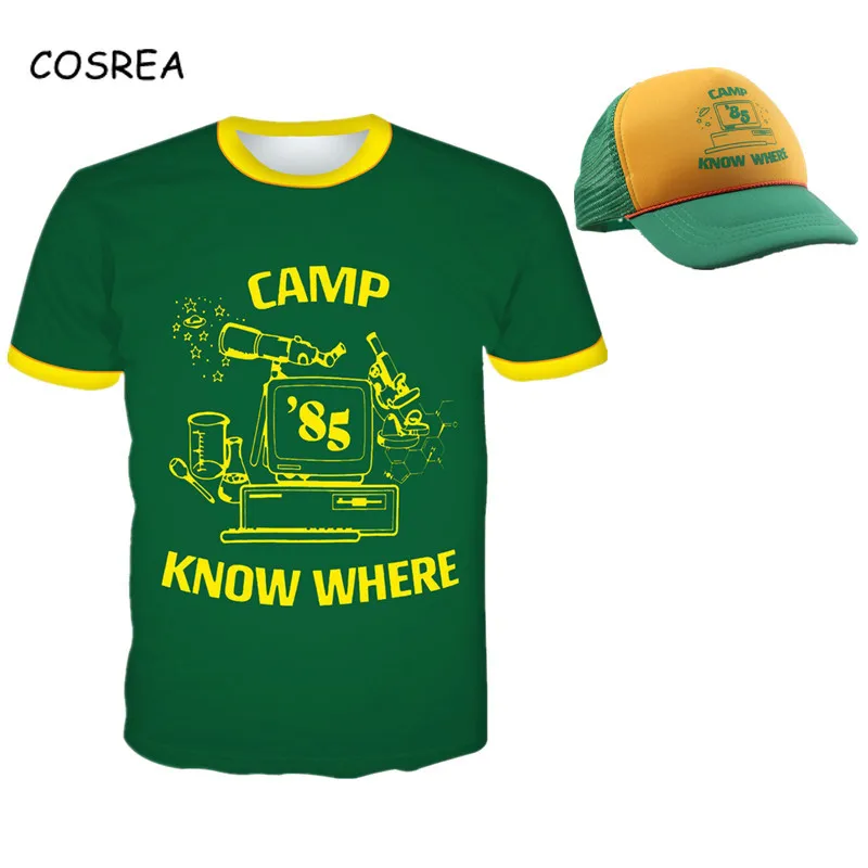 

Stranger Things T Shirt Dustin Cosplay Costume Short Sleeve T-shirt Baseball Hat "Camp Know Where" Green Yellow Cap