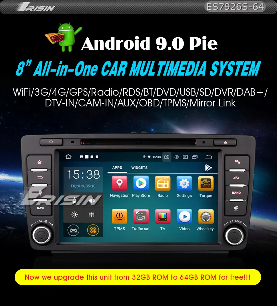 Erisin ES7926S-64 " Android 9,0 Авторадио gps Wifi DAB+ CD DVB-T2 WiFi OBD Navi для SKODA OCTAVIA