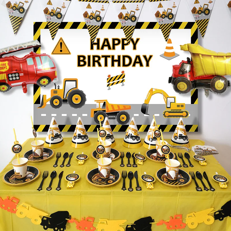 

6pcs Construction Theme Birthday Party Disposable Party Tableware for boys Birthday Decoration Cartoon Car Party Balloons Plates