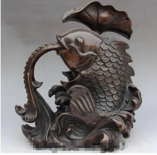306 12&quotChinese Folk Fengshui Bronze Lotus Leaf Fish Senet Guttation Fountain Statue | Дом и сад