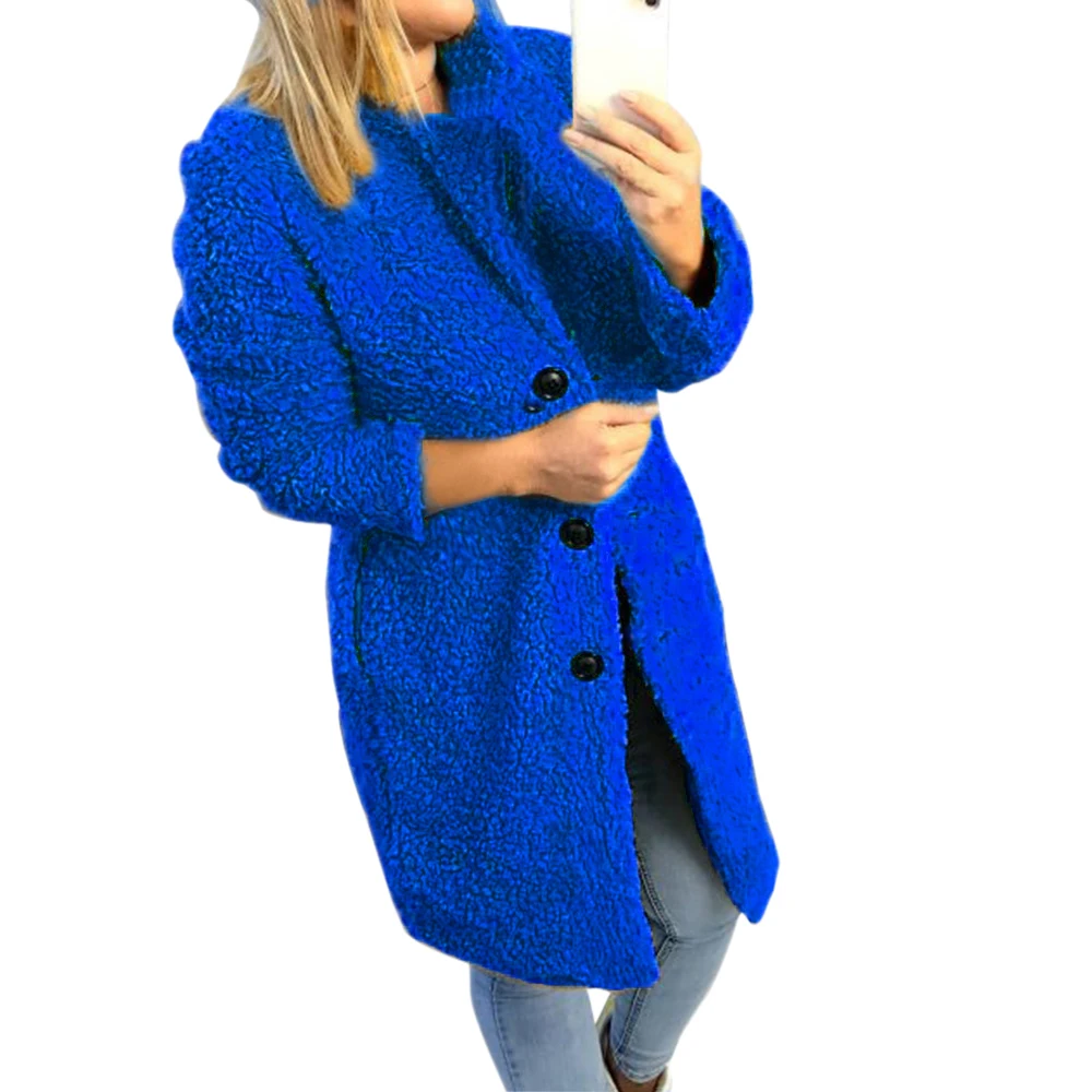 Women's Plush Coat Autumn Winter Women Button Jacket Casual Warm Turndown Collar Fur Outwear Mid-Length Woolen Jackets
