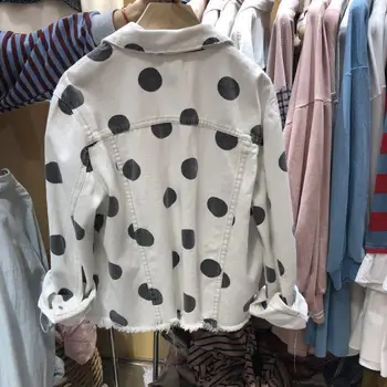 

Autumn Winter Women Fashion Coat Polka Dot White Denim Coat Jacket Female Jean Jackets