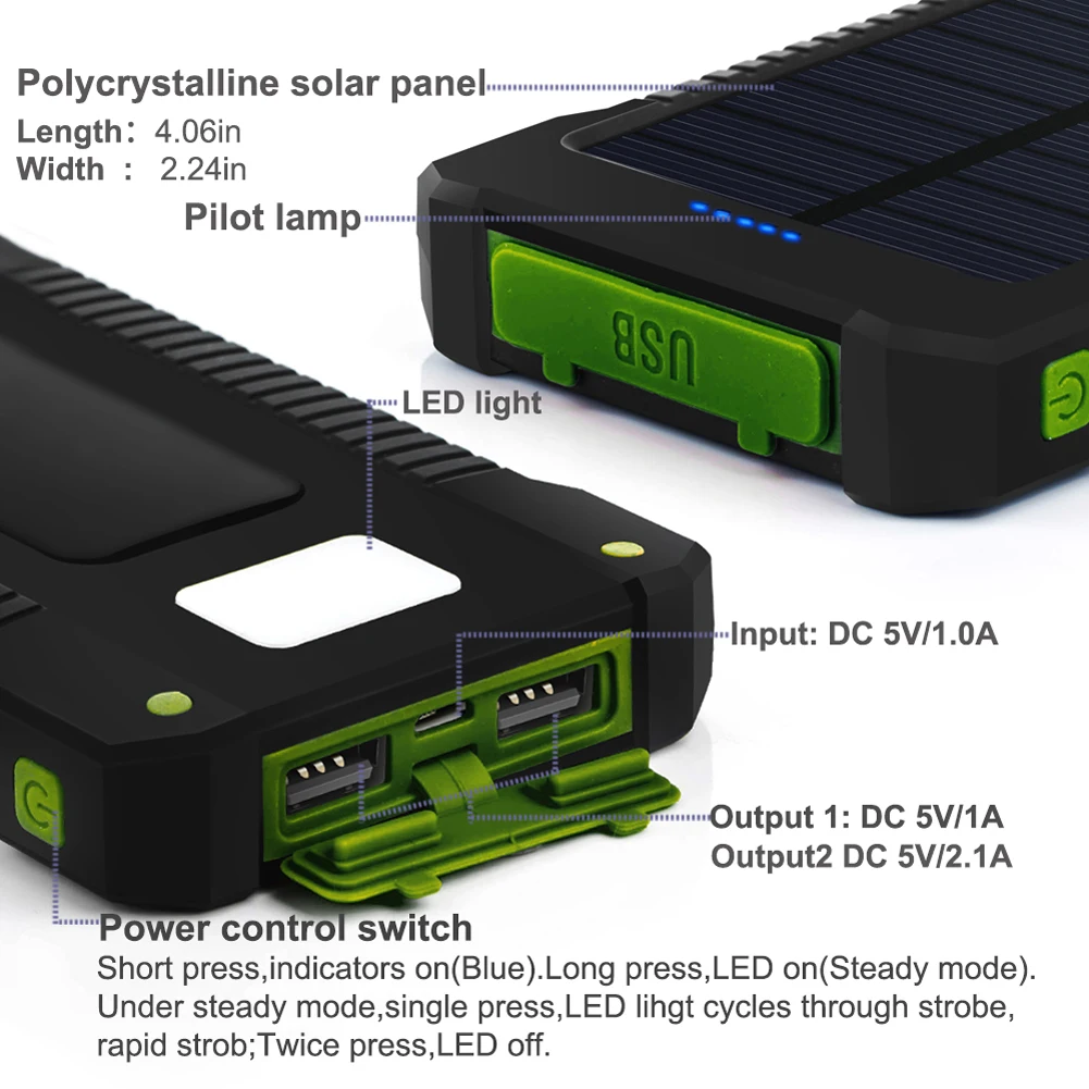 20000mAh Solar Power Bank Waterproof Solar Charger Dual USB Ports External Charger Powerbank for Smartphone with LED Flashlight power bank 10000