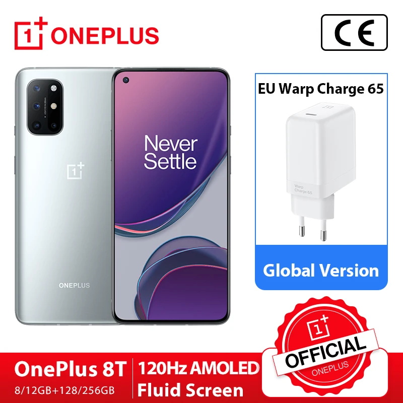 Global Version OnePlus 8T 8 T 8GB 128GB Snapdragon 865 5G Smartphone 120Hz AMOLED Fluid Screen 48MP Quad Cams 4500mAh 65W Warp