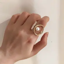 AOMU Модные женские Кольца из металла, золотого, серебряного цвета, геометрический круглый искусственный жемчуг, вечерние кольца, Свадебный комплект ювелирных изделий