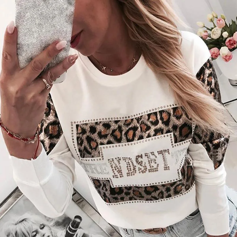 Billig Frauen Pailletten Print Sweatshirt Fashion Lippen Herbst Leopard Langarm Perlen O ansatz Hoodie Damen Kawaii Sweatshirt Hoodies