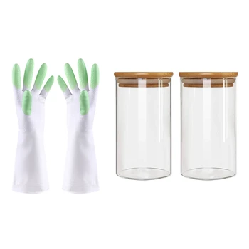 

Kitchen Silicone Cleaning Gloves ic Silicone Dish Washing Gloves Green with Glass Storage Jar