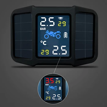 

Solar Power Motorcycle Tire Pressure Monitor System TPMS with 2 External Sensors Real-time Display Pressure