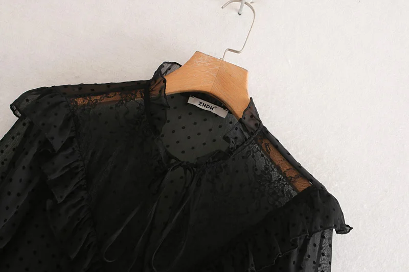 Мода Za Женская рубашка Черный шифон в горошек прозрачные оборки повседневные рубашки Блузы свободные женские блузы с длинным рукавом