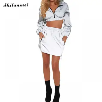 

Sexy Reflective Silver Two Piece Set 2019 Fashion Women Club Outfits Zipped Hooded Long Sleeve Crop Top And Short Skirt Set