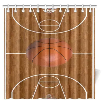 

Sports Decor Shower Curtain, Basketball Court Playtime Childrens Wood Print Fabric Bathroom Shower Curtain Set with Hooks,Extra