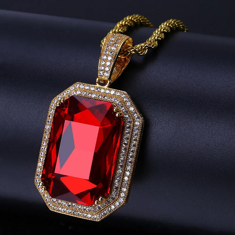 EBay Amazon Hot Selling Europe And America Micro Pave Red Zircon Necklace Hiphop Hip Hop Gemstone Pendant Cross Border