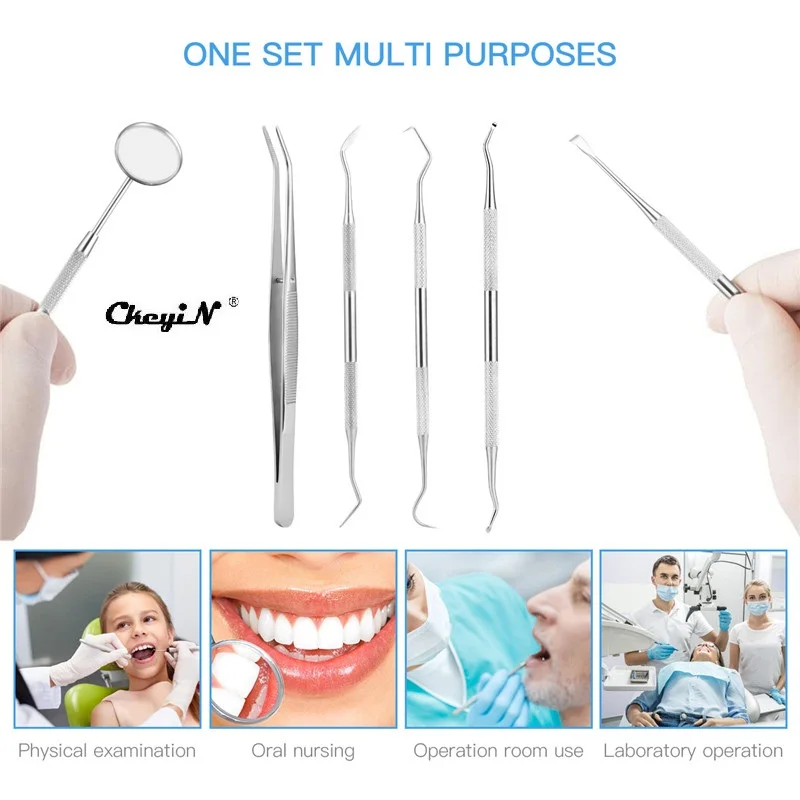 6Pcs set Stainless Steel Teeth Cleaning Tooth Stone Remover Pick Scaler Tweezer Scraper Mirror Stainless Steel 3