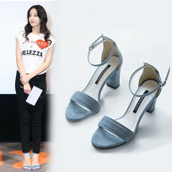 

Sandals female 2020 middle heel thick heel student all-match high-heeled shoes open-toe one-character buckle fashion women's