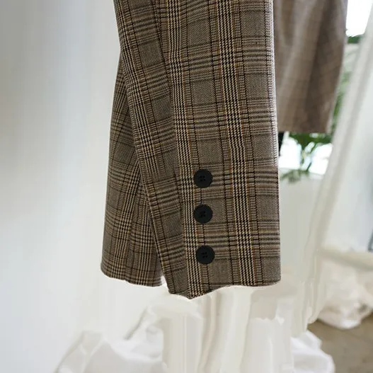 Осенний винтажный Блейзер, пальто, мини-юбка, клетчатый Блейзер, наряды, Модный женский костюм из 2 предметов, офисный комплект из двух предметов