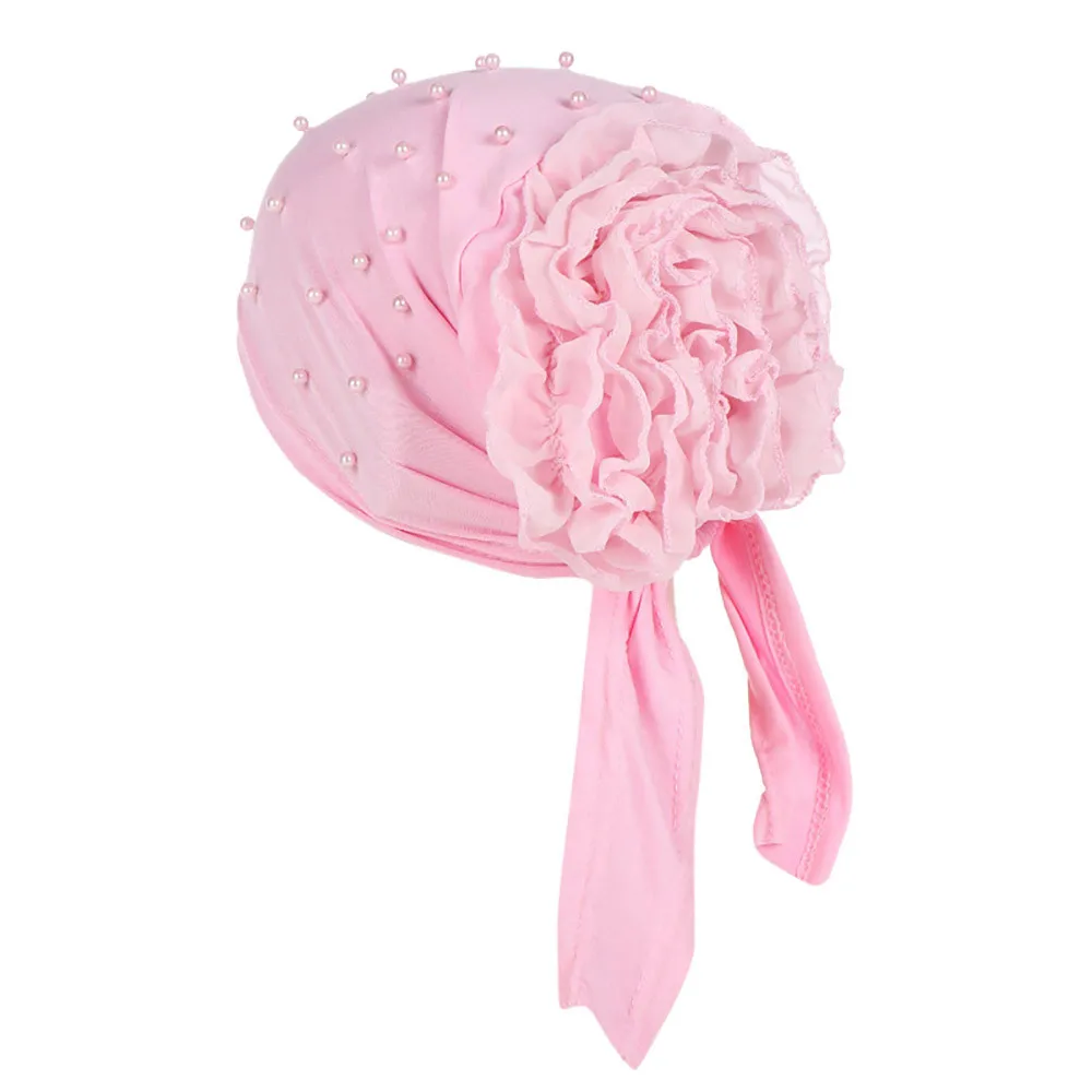 Женский манекен головы шапочка грязный булочка Шапки Повседневное Для женщин Бисер цветочный головной убор в Индийском Стиле Мусульманских рюшами Хемо Шапочка-тюрбан шапочка#107 - Цвет: Pink