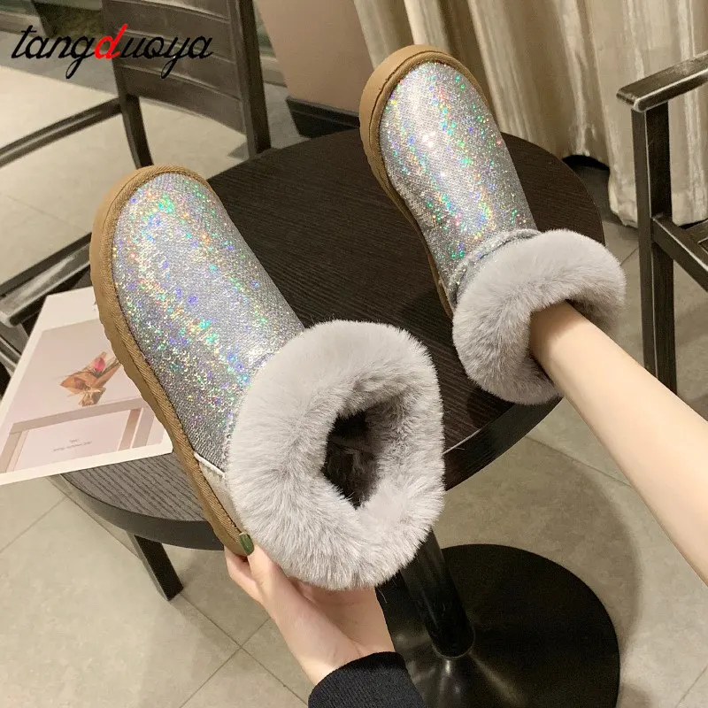 2019 украшенным блестящими стразами Для женщин Теплые меховые зимние сапоги