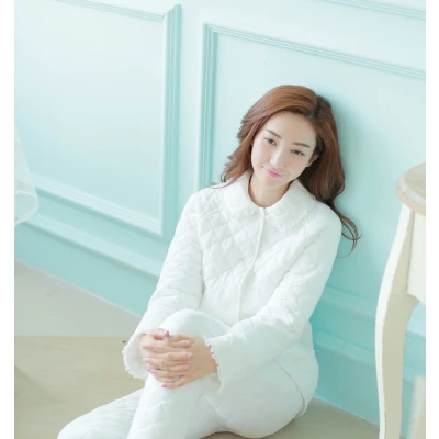 white 2pcs B Осень-зима Для женщин утепленные хлопковые пижамы теплые ванный халат принцессы дамы из чистого кашемира цветная Пижама, домашняя одежда для сна - Цвет: white 2pcs B