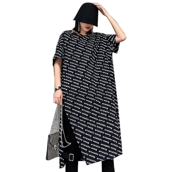 

QING MO Black Green Women Fork Dress 2020 Spring Summer Women Letter Printed Dress Female Casual Loose Dress ZQY3067