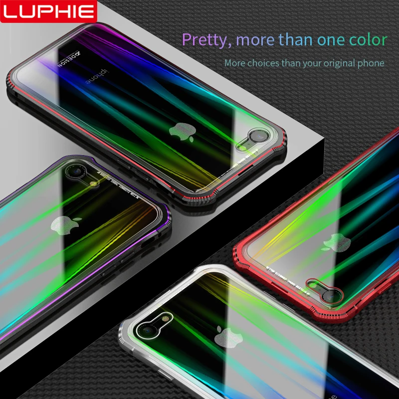 LUPHIE Магнитный чехол с лазером Авроры для iPhone XS X 8 7 Plus, Магнитный чехол s, прозрачная стеклянная задняя крышка для iPhone 7 8, металлический бампер
