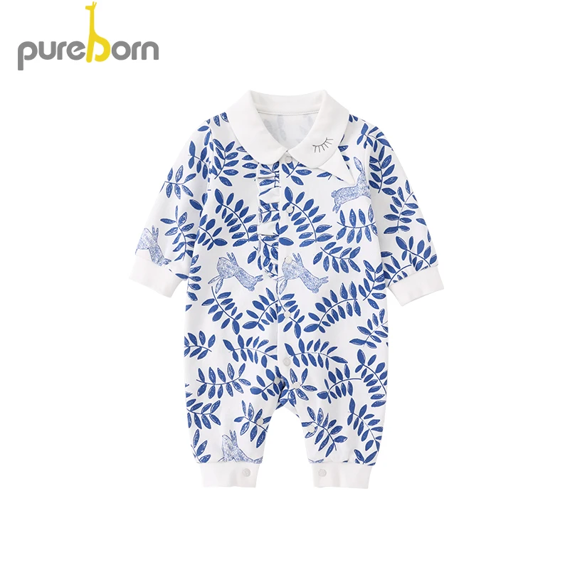 Pureborn/Одежда для новорожденных; детские комбинезоны с длинными рукавами и воротником; хлопковый комбинезон с цветочным рисунком для девочек; одежда на весну и осень - Цвет: blue