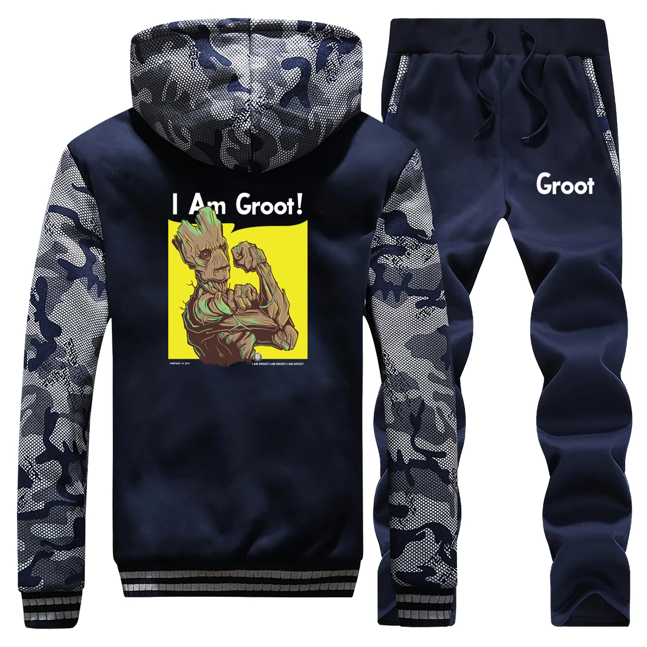 I'm Groot, Забавный принт, зима, новинка, толстовки, мужские, модные, камуфляж, спортивная одежда, пальто, толстый костюм, теплая куртка+ 2 шт, комплект, брюки