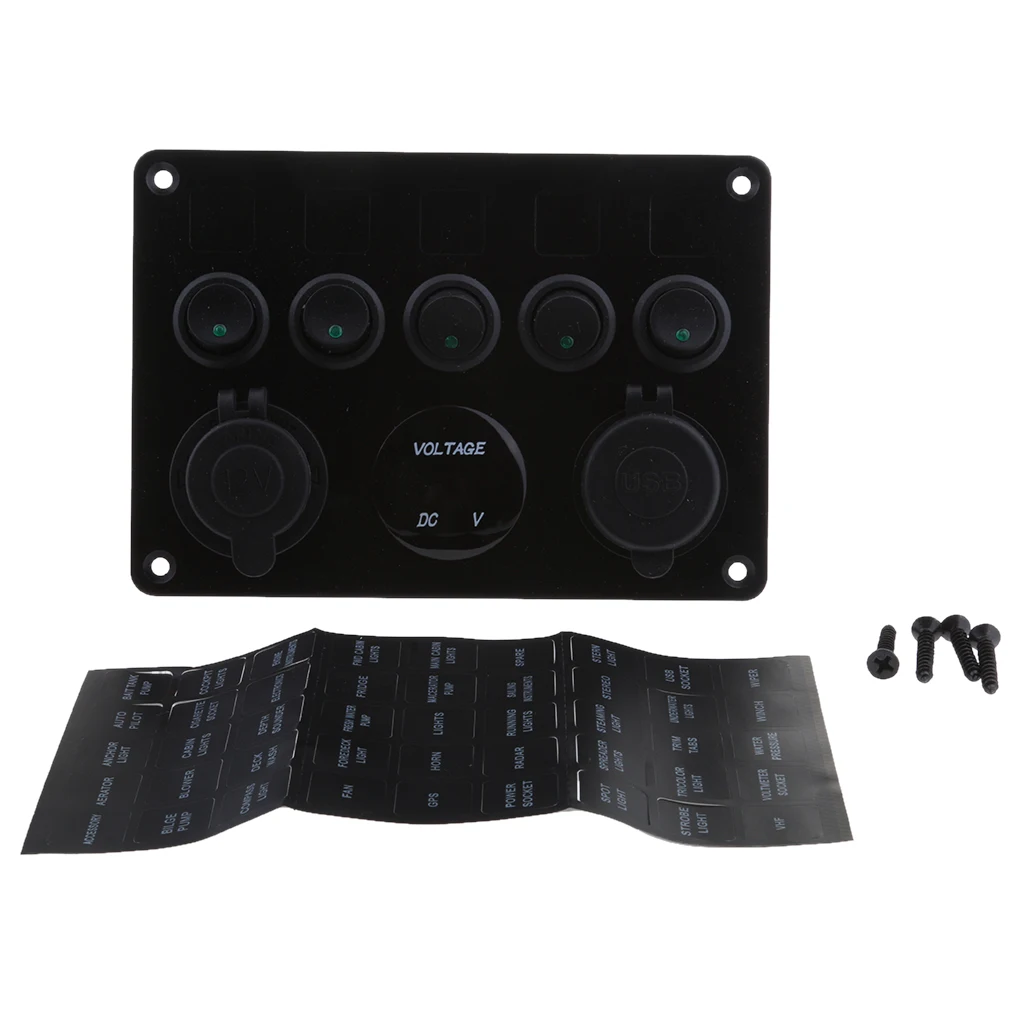 5 Gang On-Off Toggle Switch Multi-Functions Green LED Dual USB Port Charger Voltmeter for Boat Marine Auto