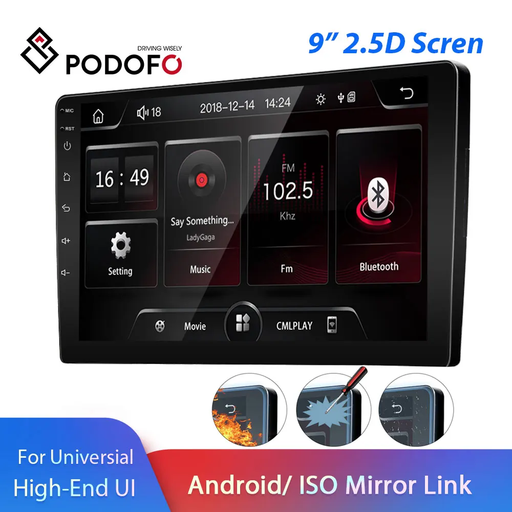 Podofo 2din автомагнитолы 9 &quot2.5D экран ISO Android mirrorlink Автомобильный мультимедийный