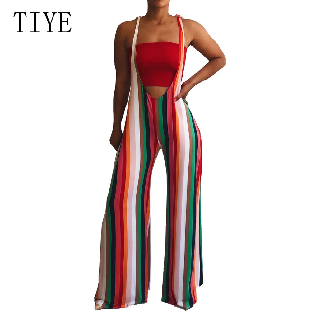 

TIYE Sexy Colorful Stripes Spaghetti Strap Wide Leg Jumpsuits Women Summer Casual Print Vintage Loose Playsuyits Femme Overalls