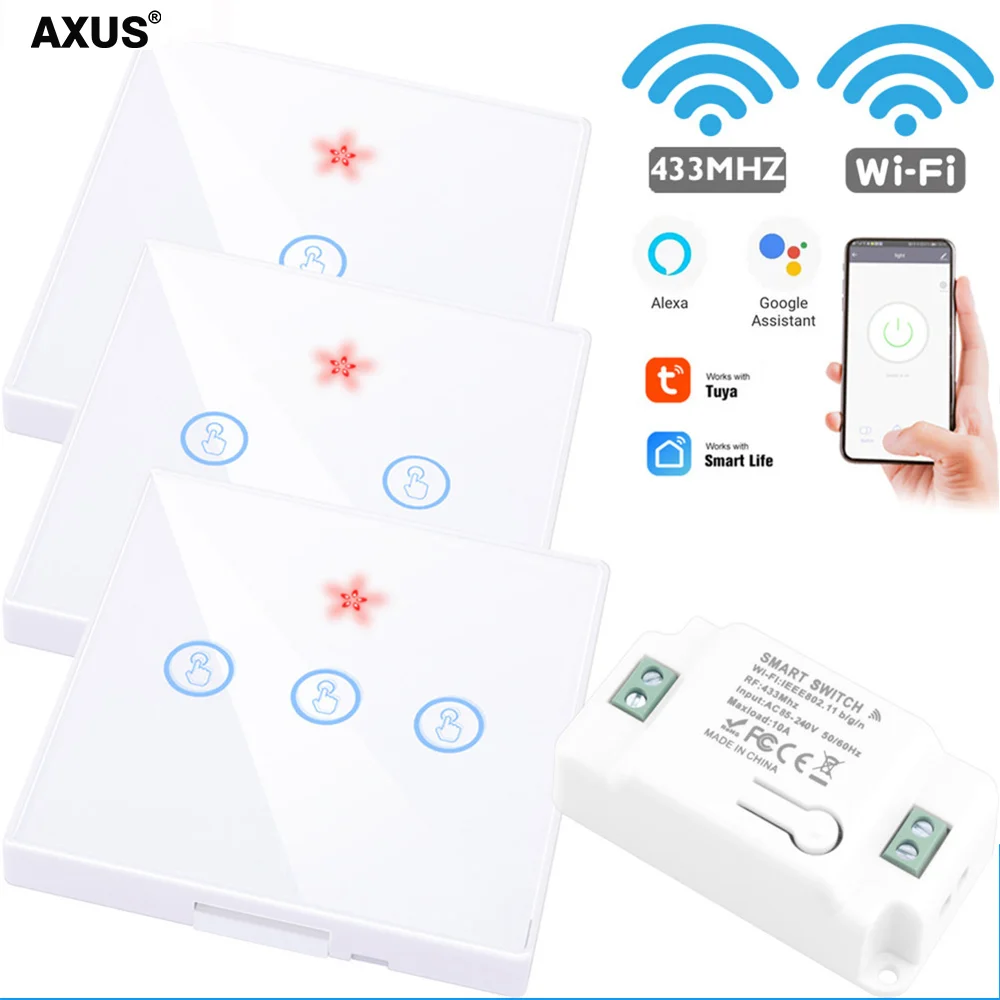 

AXUS WiFi Smart Touch Switch Light Tuya APP Wall RF 433Mhz 110-220V 10A Remote Control DIY Relay Module Voice Google Home Alexa