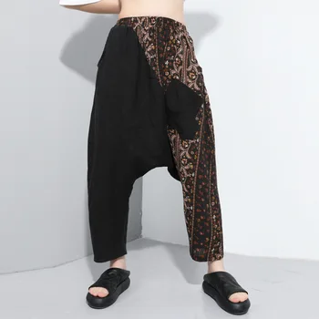 

2020 Summer Women Elastic Waist Loose Casual Fashion Splice Linen Cross Pants Female Streetwear Hip Hop Print Harem Trouser 6033