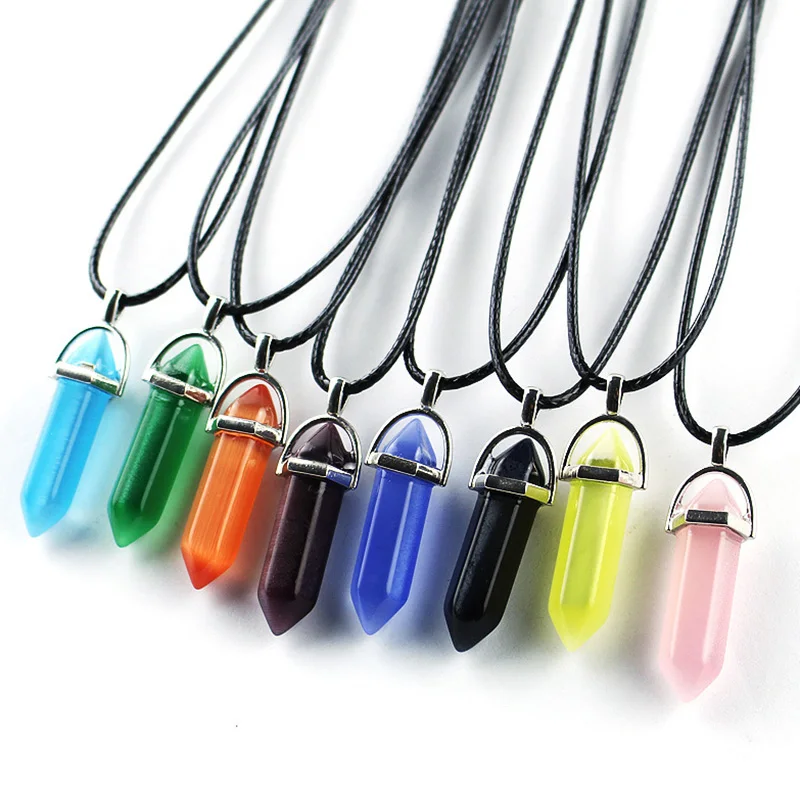 

8 Color Hot Hexagonal Column Necklaces Natural Crystal Pendants Stone Pendant Necklace Leather Chain/Chains Jewelry For Women