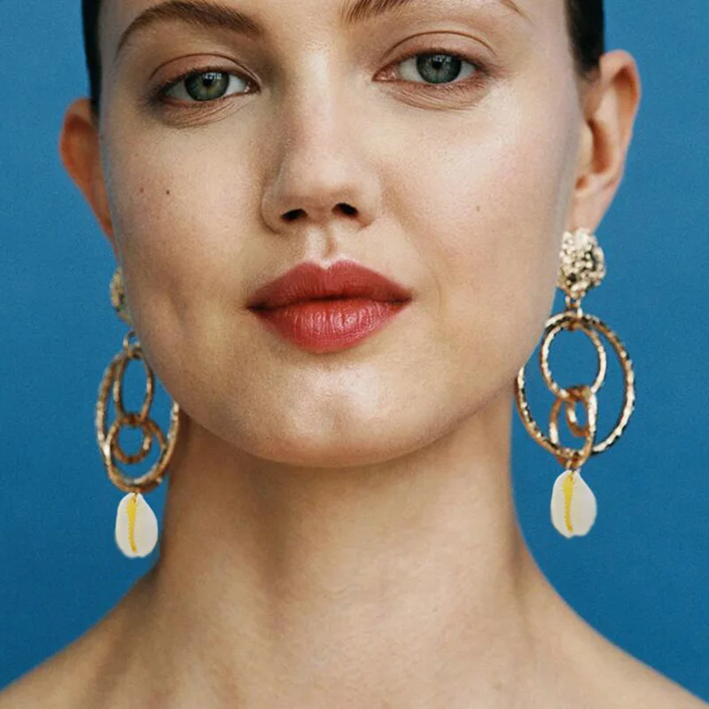 

New Fashion Gold Color Metal Shell Earring for Women Circle Statement Earrings Exaggerated Tassel Brincos 2019 Beach Jewelry