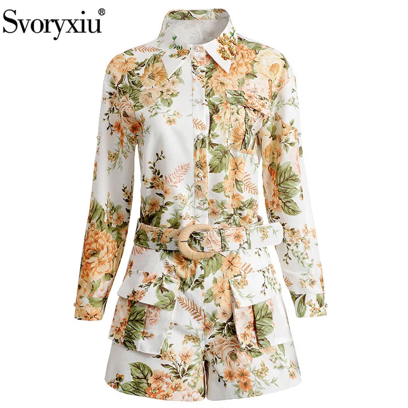 

Svoryxiu Fashion Runway Autumn Two Piece Set Women's Elegant Flower Print Beaded Long Sleeve Blouse + Shorts Casual Holiday Suit
