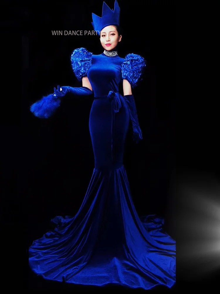 Crown Singer Stage ballroom Velvet Dance Costumes Evening skirt Party Long Tail Dresses Outfit Women Performance clothe Backless