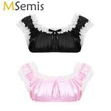MSemis мужское атласное сексуальное женское белье для переодевания, с глубоким вырезом, с рюшами, кружевной бюстгальтер, топ, рубашка, экзотические майки, укороченный топ