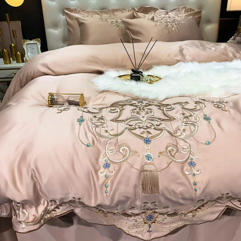 

Luxury Champagne Smooth Silk Cotton Gold Embroidery Bedding Set Queen King Duvet Cover Fitted Bed Sheet Pillowcases Home Textile