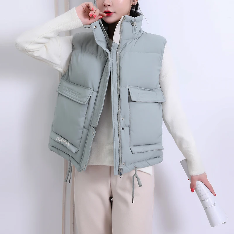 Short Style Sleeveless Jacket Women 2021 Winter Solid Thick Vest Women's Stand Collar Big Pockets Cotton Padded Coats | Женская