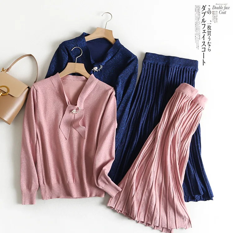 

One's Pullover Knitting Shirt Elastic Waist Skirt-Style Set Entity