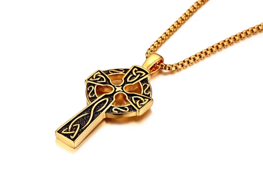 Mens Vintage Large CELTIC CROSS Irish Knot Pendant Necklace Stainless Steel Cros Cheilteach Jewelry Gold Silver Men Accessories collares collier colar choker 15