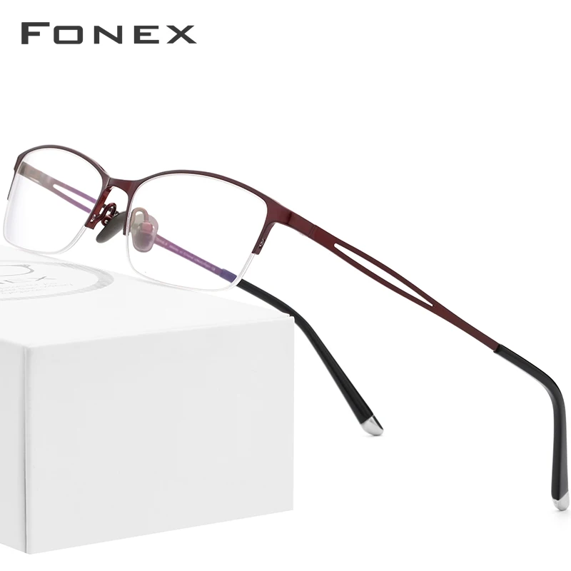 FONEX очки из чистого титана, мужские Новые квадратные оправы для очков, женские полуоправы, полуоправы, оптические очки по рецепту 8504 - Цвет оправы: Wine Red