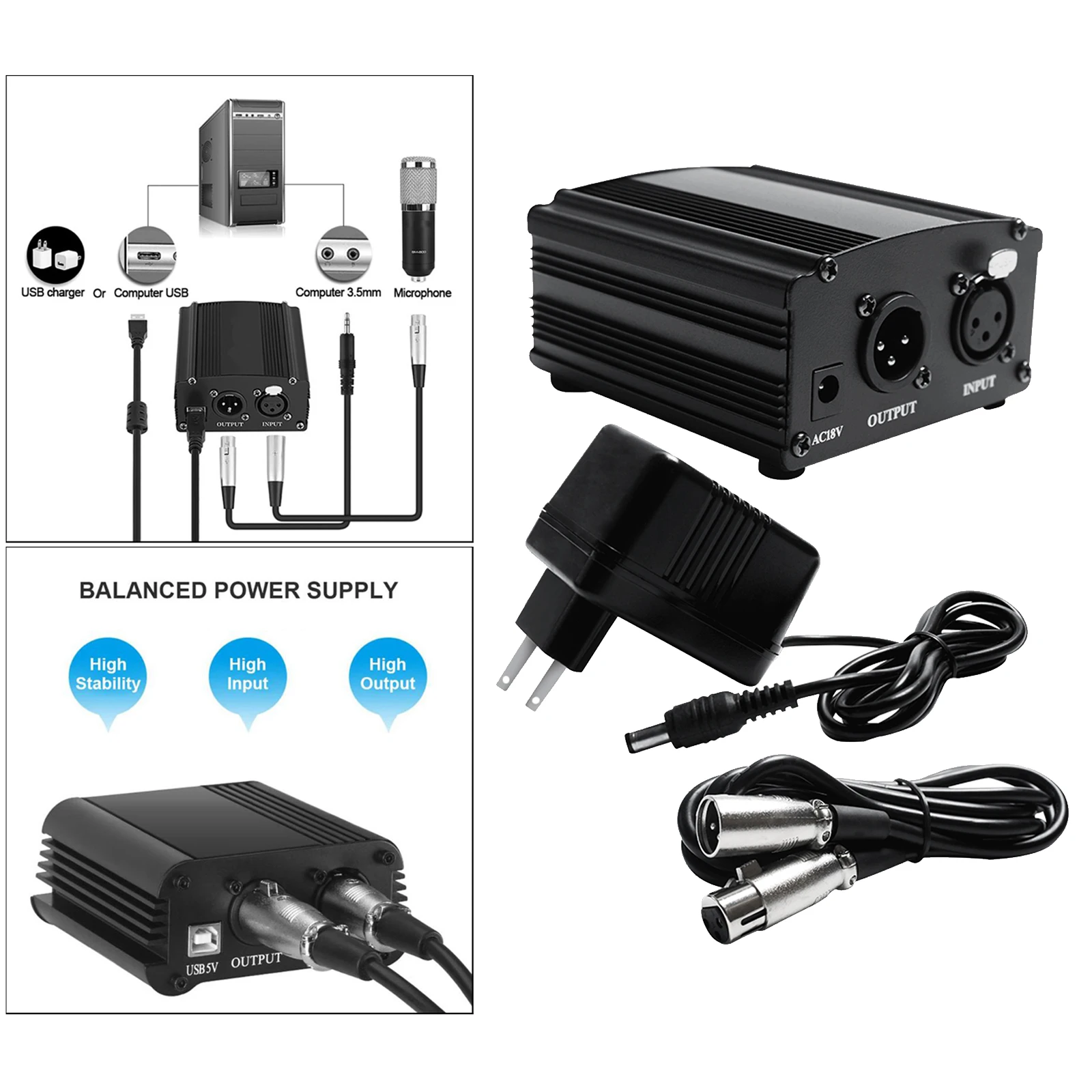 48V Phantom Power Supply Powered+XLR 3 Pin Cable for Condenser Microphone,Music Recording Equipment