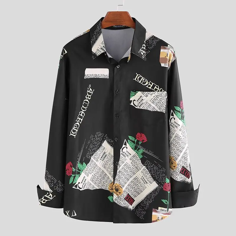 INCERUN, модная мужская рубашка с принтом, дышащая, с длинным рукавом, Корейская, повседневная, брендовая, свободная, с отворотом, гавайская рубашка, мужская, Camisa