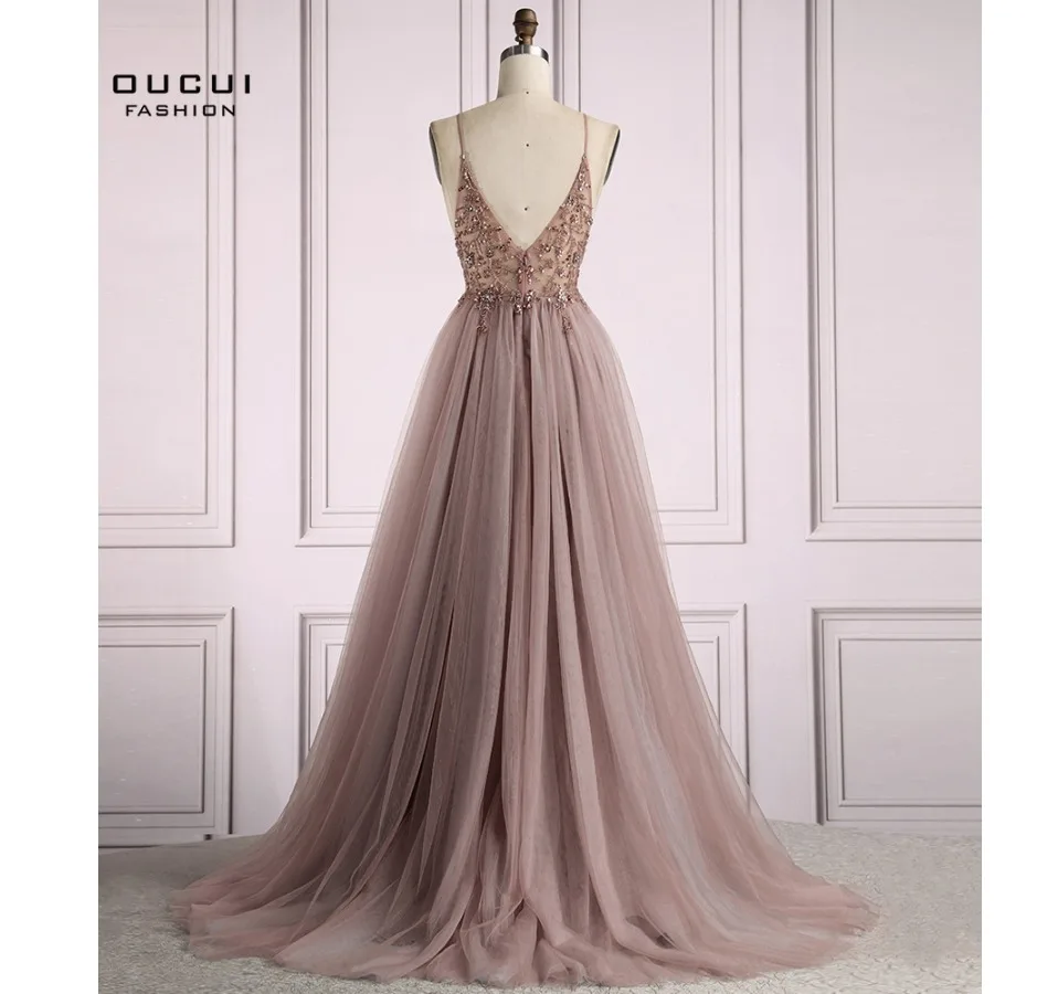 Oucui Dusky Pink Handmade Beaded Prom Dresses 2020 Long Spaghetti Strap See Through Grey Tulle Evening Gown Vestido De Festa