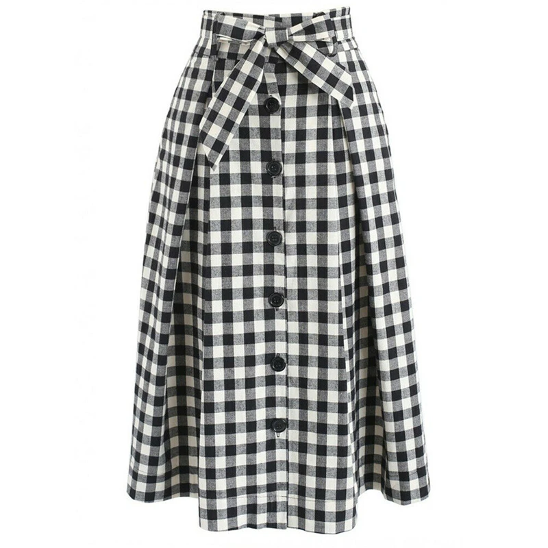 Plaid Новые повседневные женские юбки с высокой талией и пуговицами, женские юбки средней длины с разрезом спереди, повседневные платья трапециевидной формы - Цвет: Plaid