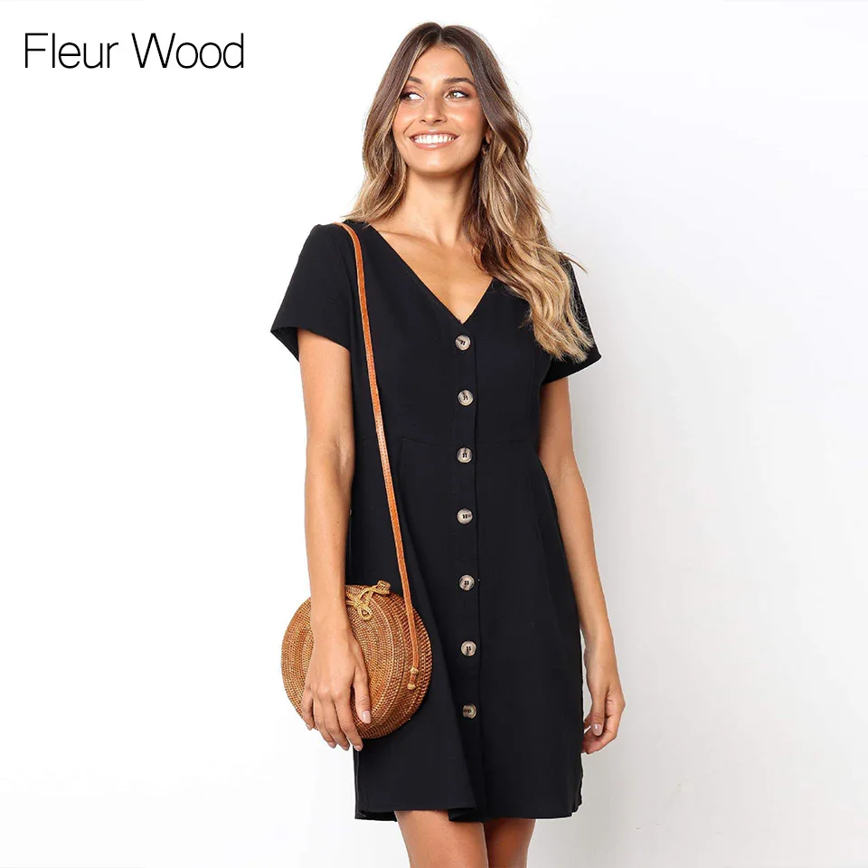FLEUR WOOD винтажное женское платье на пуговицах, мини-рубашка с v-образным вырезом, сексуальное платье с коротким рукавом, летние платья, повседневные платья