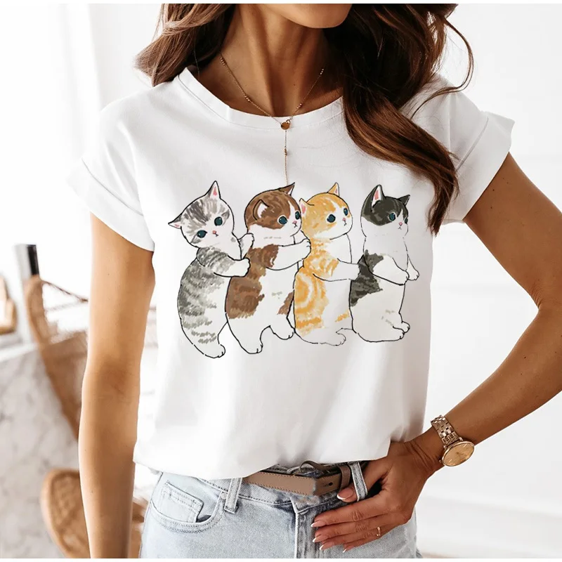 

Kawaii Cat Funny Cartoon Graphic T-shirt Women Harajuku Cute Anime Tshirt Kroean Style Fashion T Shirt Ullzang Top Tees Female